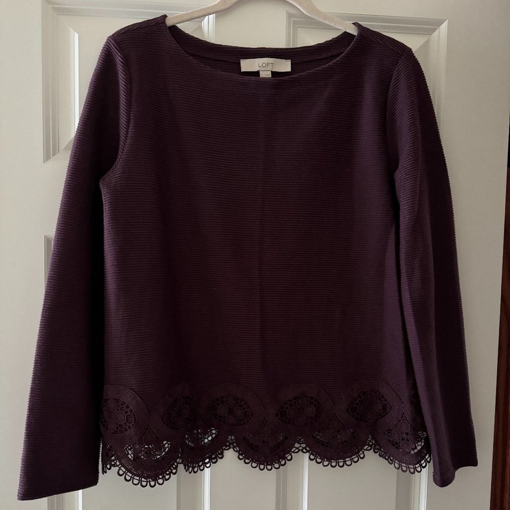 Loft Plum Colored Ribbed Lace Bottom Top - Size M